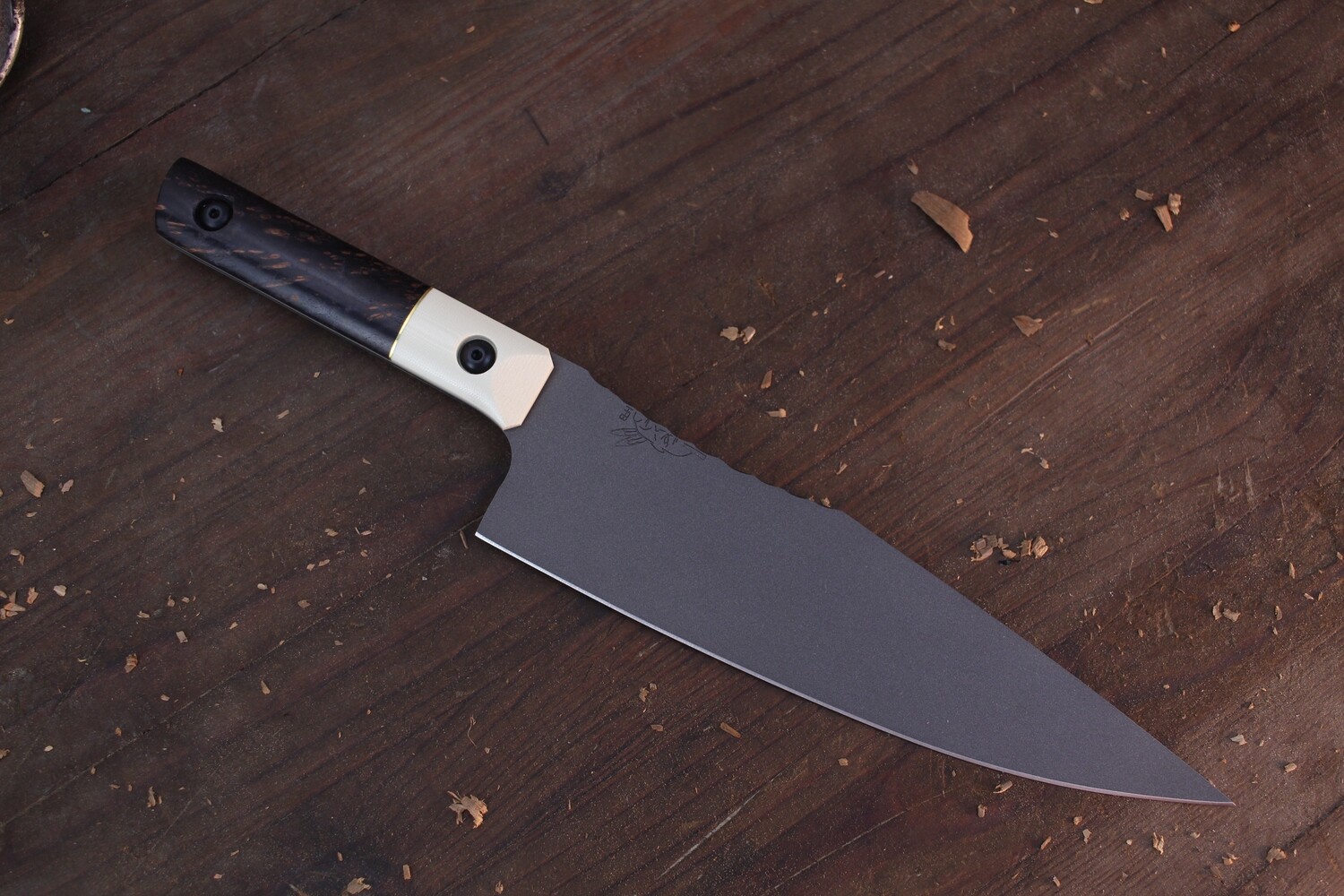 Half Face Blade 8" Chef Knife / Black Ash Burn & Ivory G10 Bolsters