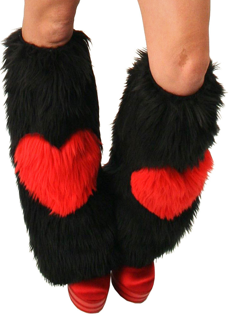 Black Furry Leg warmers w red Heart for Valentine's Day Store