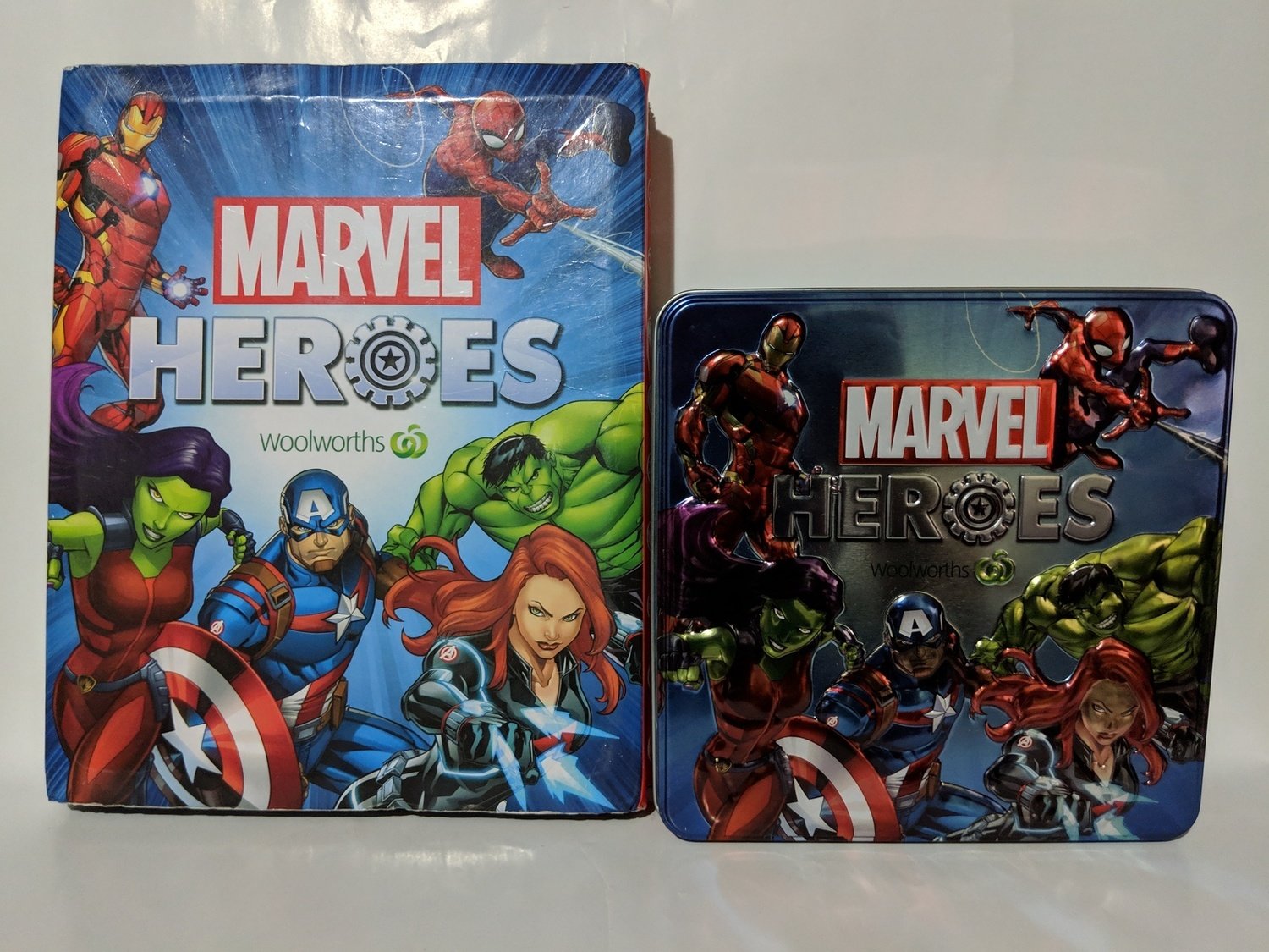 Marvel heroes woolworths discs album and metal tin collection case