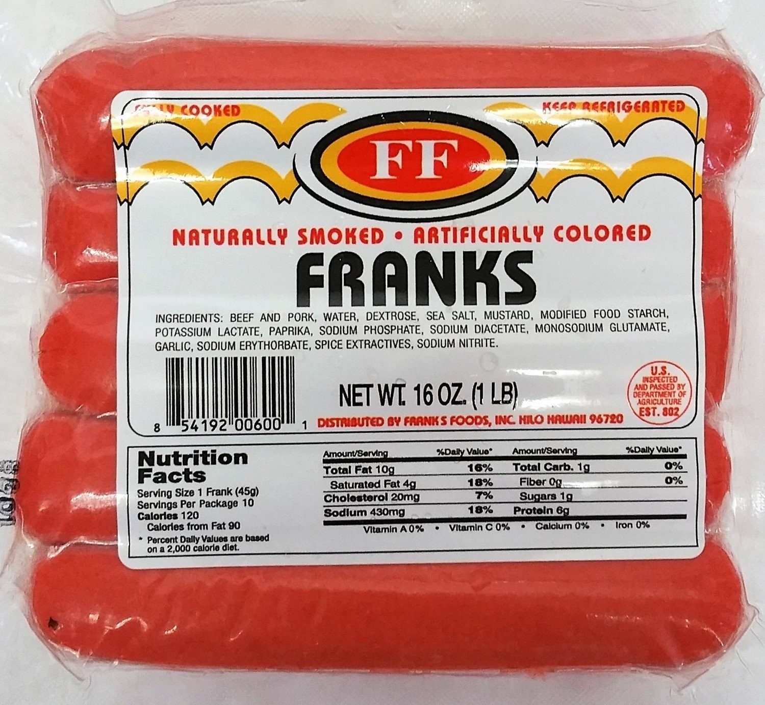 Franks Foods Franks 16 oz Hawaiian Style Hot Dogs
