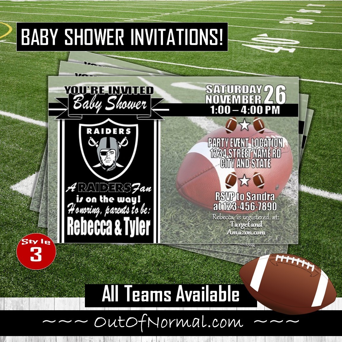 Oakland Raiders 4"x6" NFL Football Baby Shower