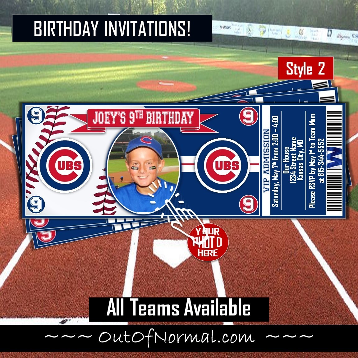 Chicago Cubs Horiz Photo Baseball Ticket Style Invite