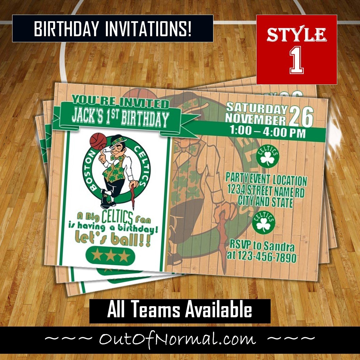 Boston Celtics NBA Basketball Birthday Invitation 4"x6"