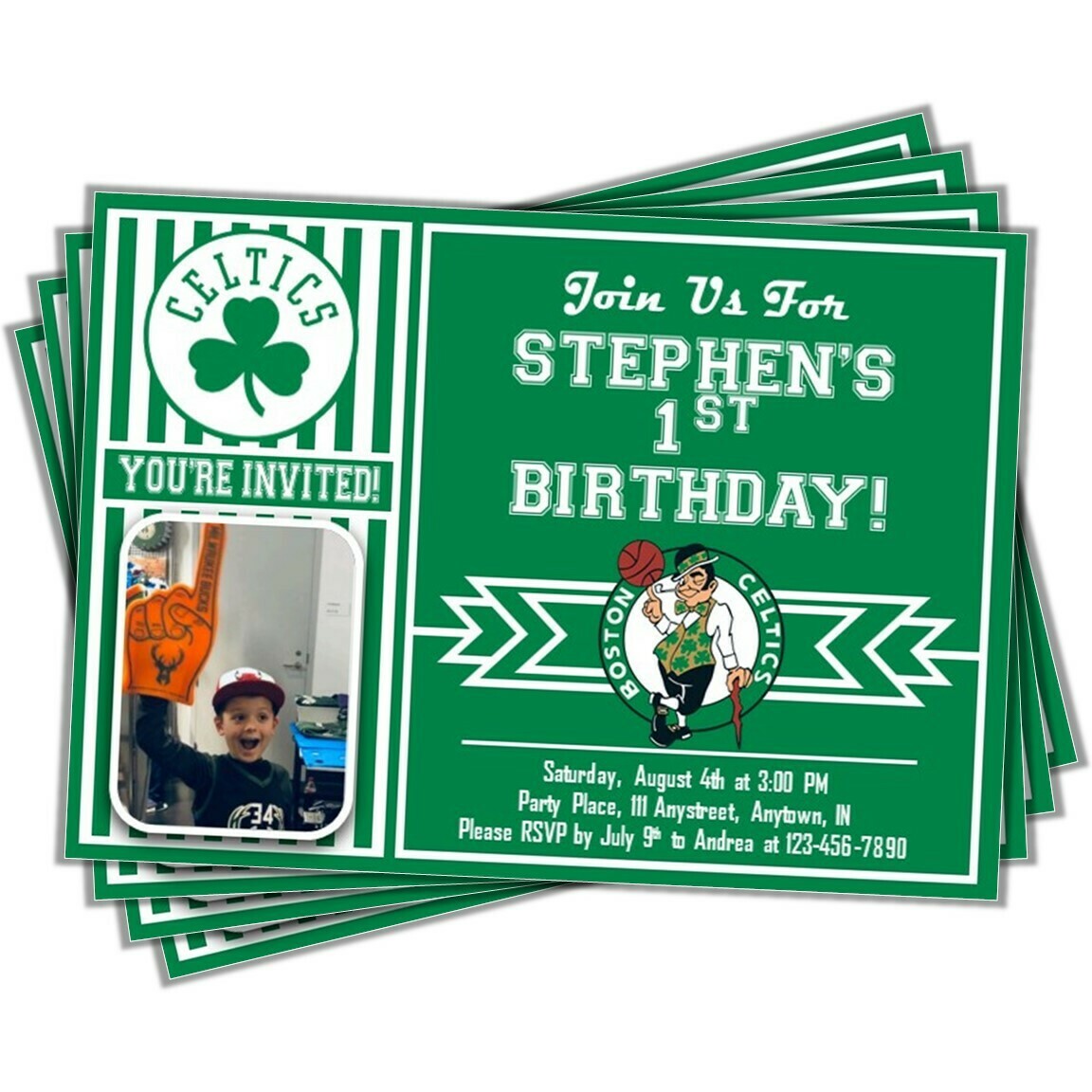 Boston Celtics Birthday Invitation NBA Basketball 5"x7" pic