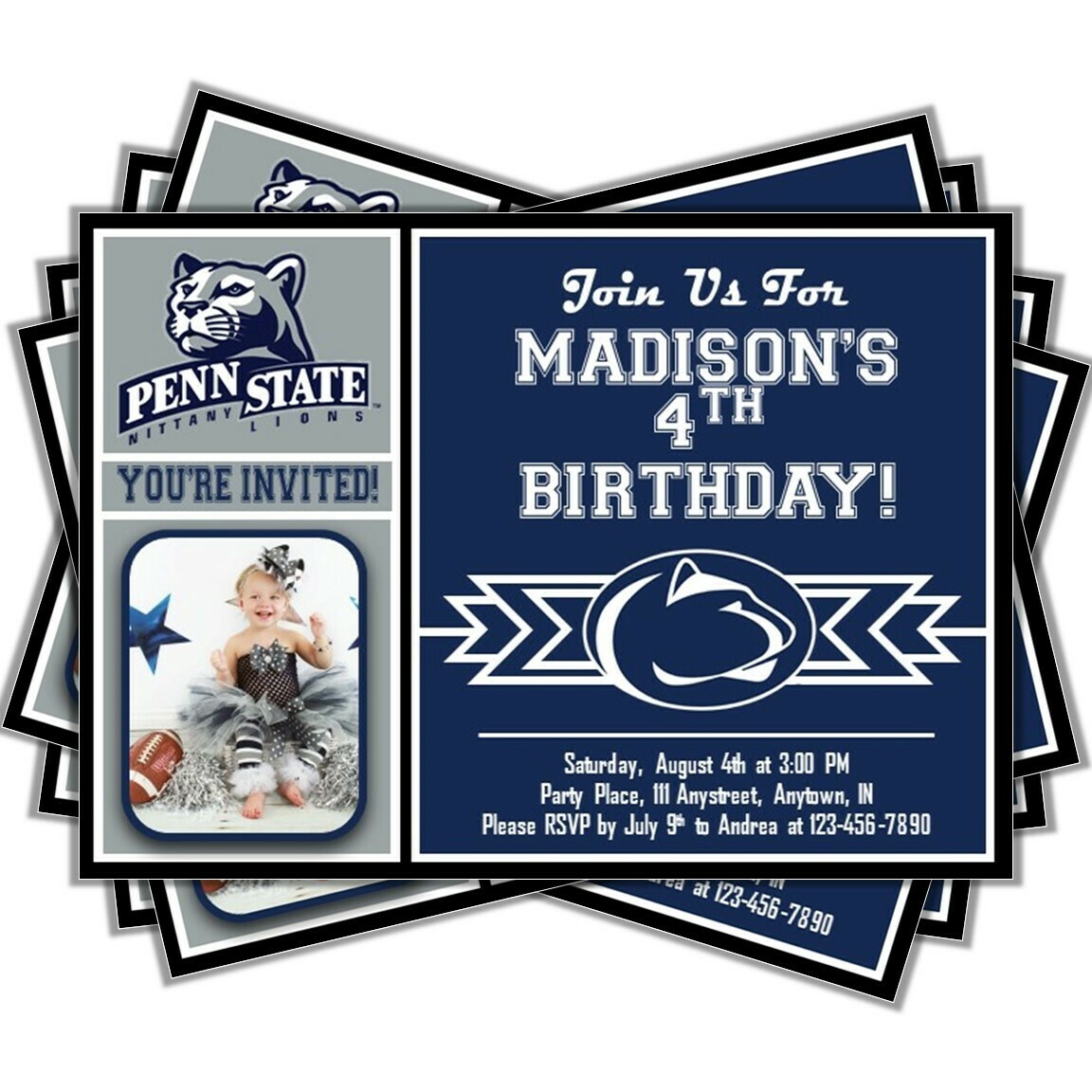 Penn State Nittany Lions Photo Birthday Invitation College footbal