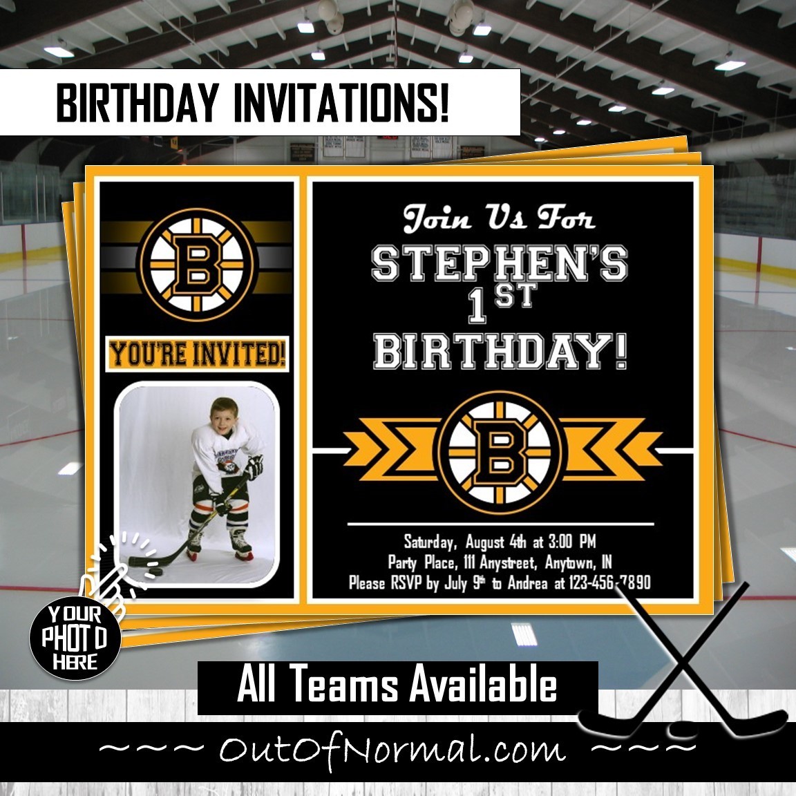 Boston Bruins Photo Birthday Invitation NHL Hockey