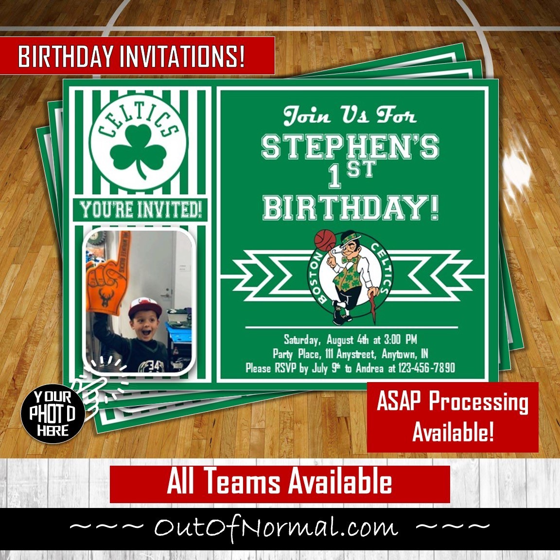 Boston Celtics Birthday Invitation NBA Basketball 5"x7" pic