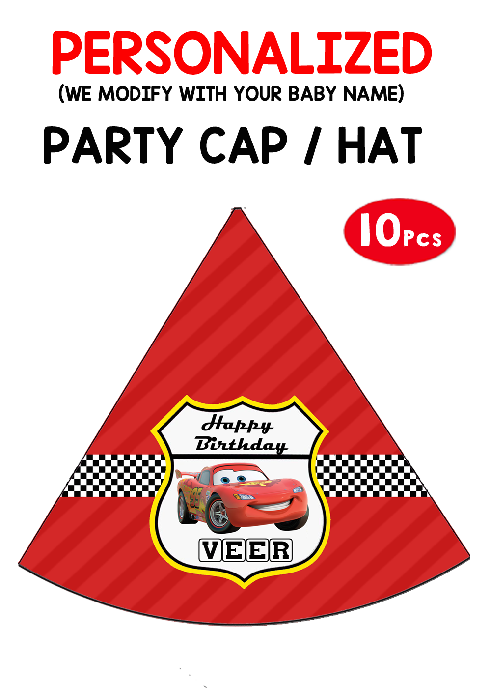 Personalized McQueen Car Birthday Party Caps / Hats (10 Pcs)