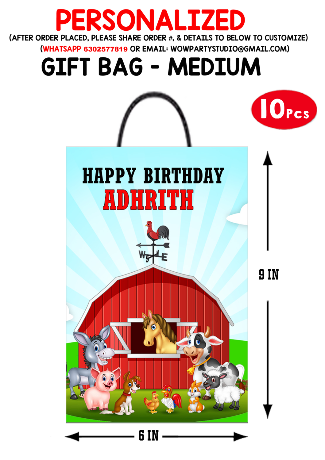 Personalized Farm Animals Birthday Return Gift Bag-Med(10Pcs)
