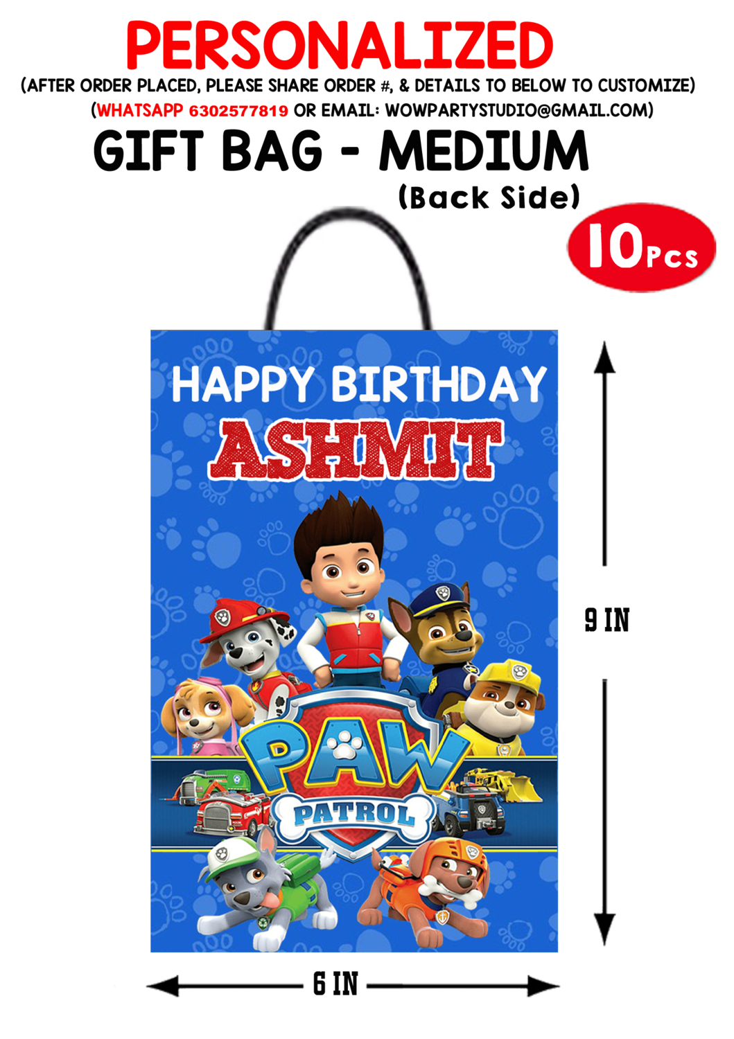 Personalized Paw Patrol Birthday Party Return Gift Bag (10Pcs)