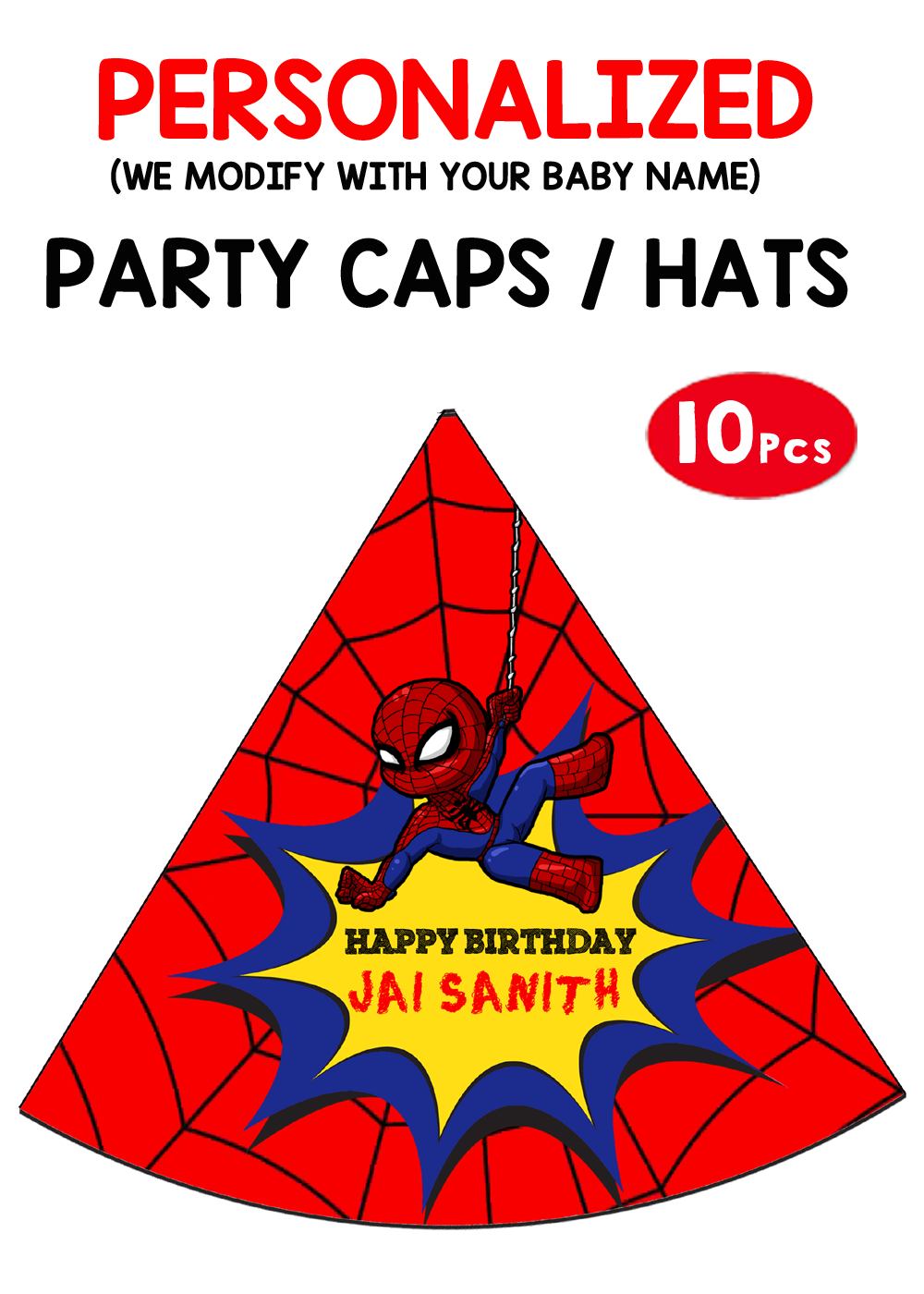 Personalized Spiderman Birthday Party Caps / Hats (10Pcs)