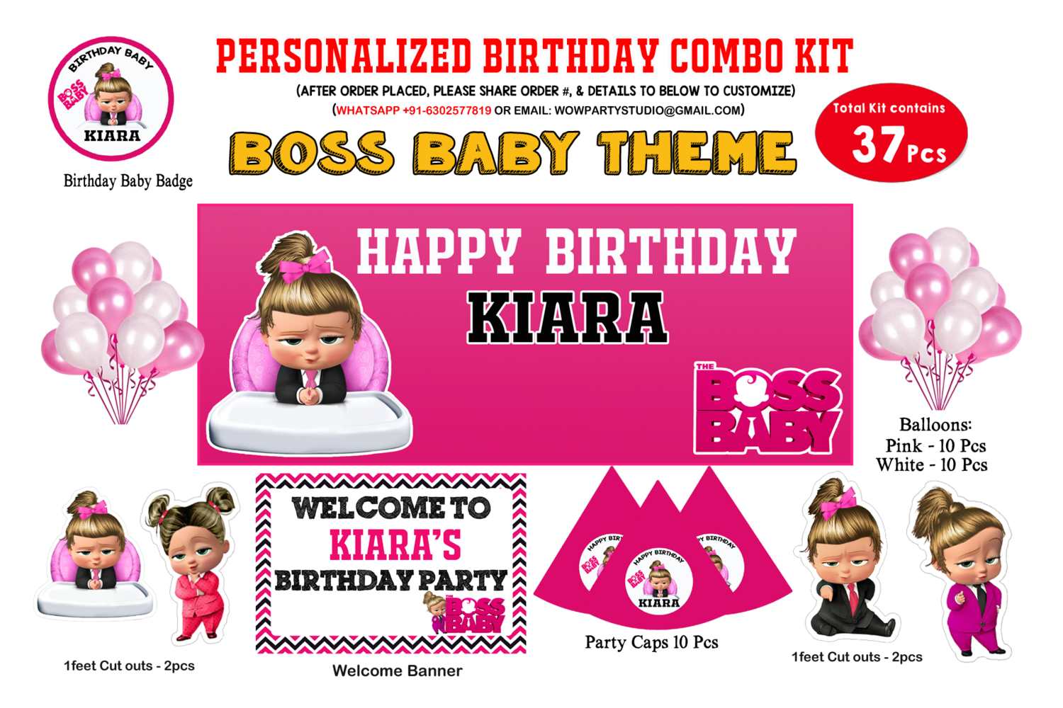 Personalized Boss Baby Girl Birthday Party Combo Kit 37Pcs