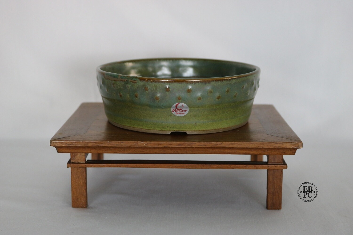 Willow Bonsai Pots, S.Africa Round; Drum Style; 'Seaweed' Glaze; Shades of Greens & Brown