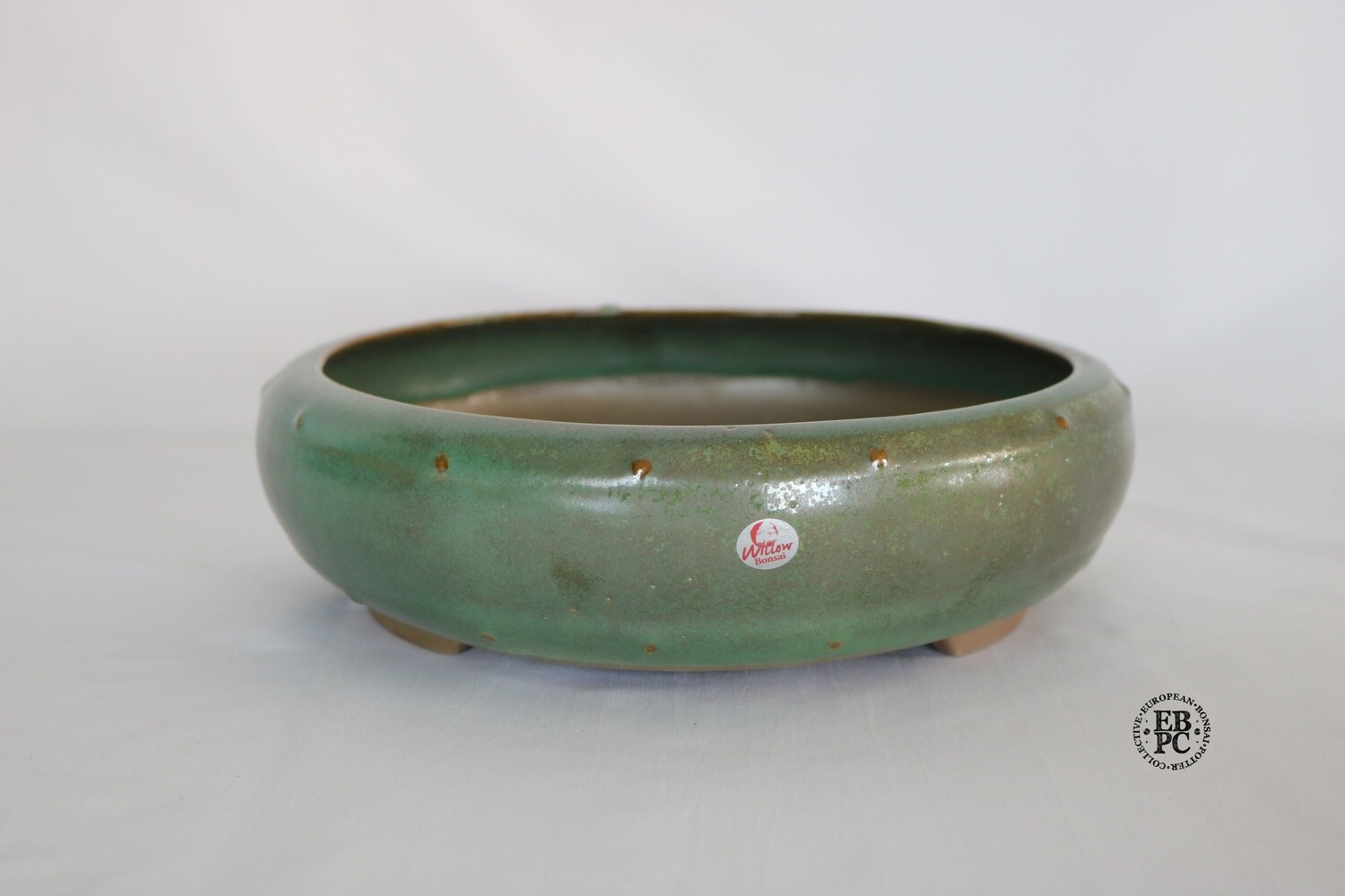 Willow Bonsai Pots, S.Africa 23cm; Round; Drum Style; 'Seaweed' Glaze; Green; Shades of Brown