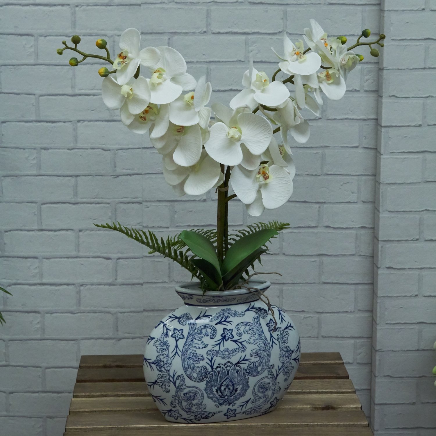 Artificial Phalaenopsis Orchid in a blue and white pot White
