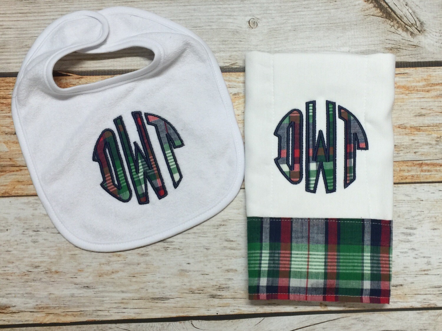 Plaid Monogram Bib & Burp Cloth