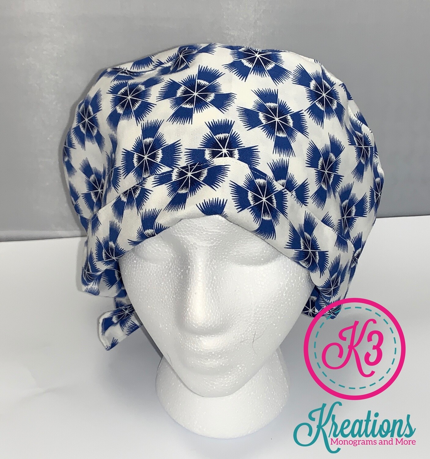 White & Blue Fanfare Cotton Fabric Scrub Cap