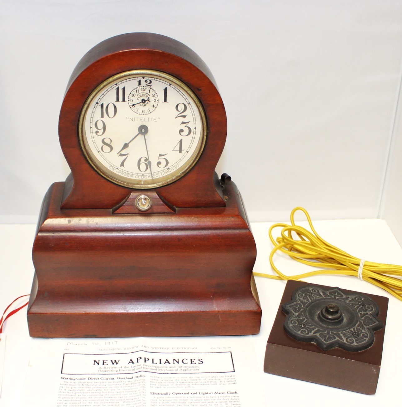 Antique American F.W. Jansen Nitelite Clock w/ Light