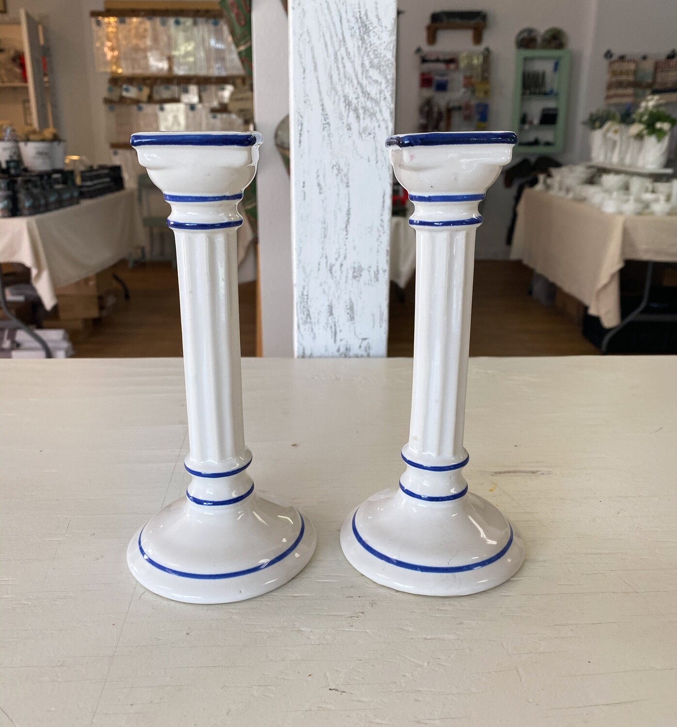White & Blue Ceramic Candlestick Holder Pair