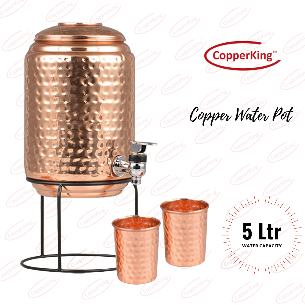 Pure Copper Water Pot / Matka with Tap, Stand & Glasses