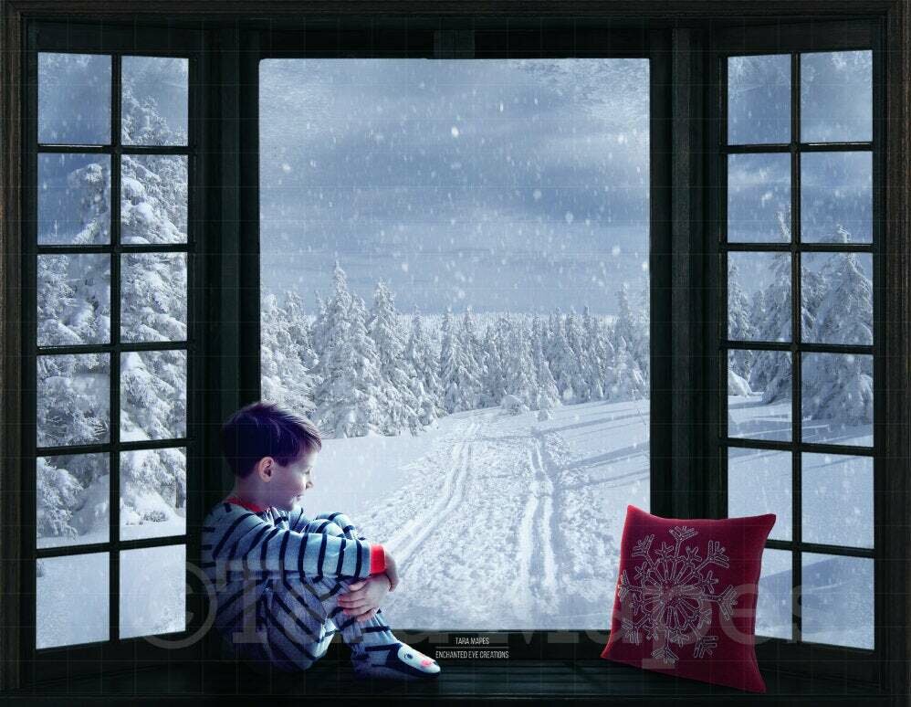 Christmas Window Seat with Winter Path Digital Background Backdrop