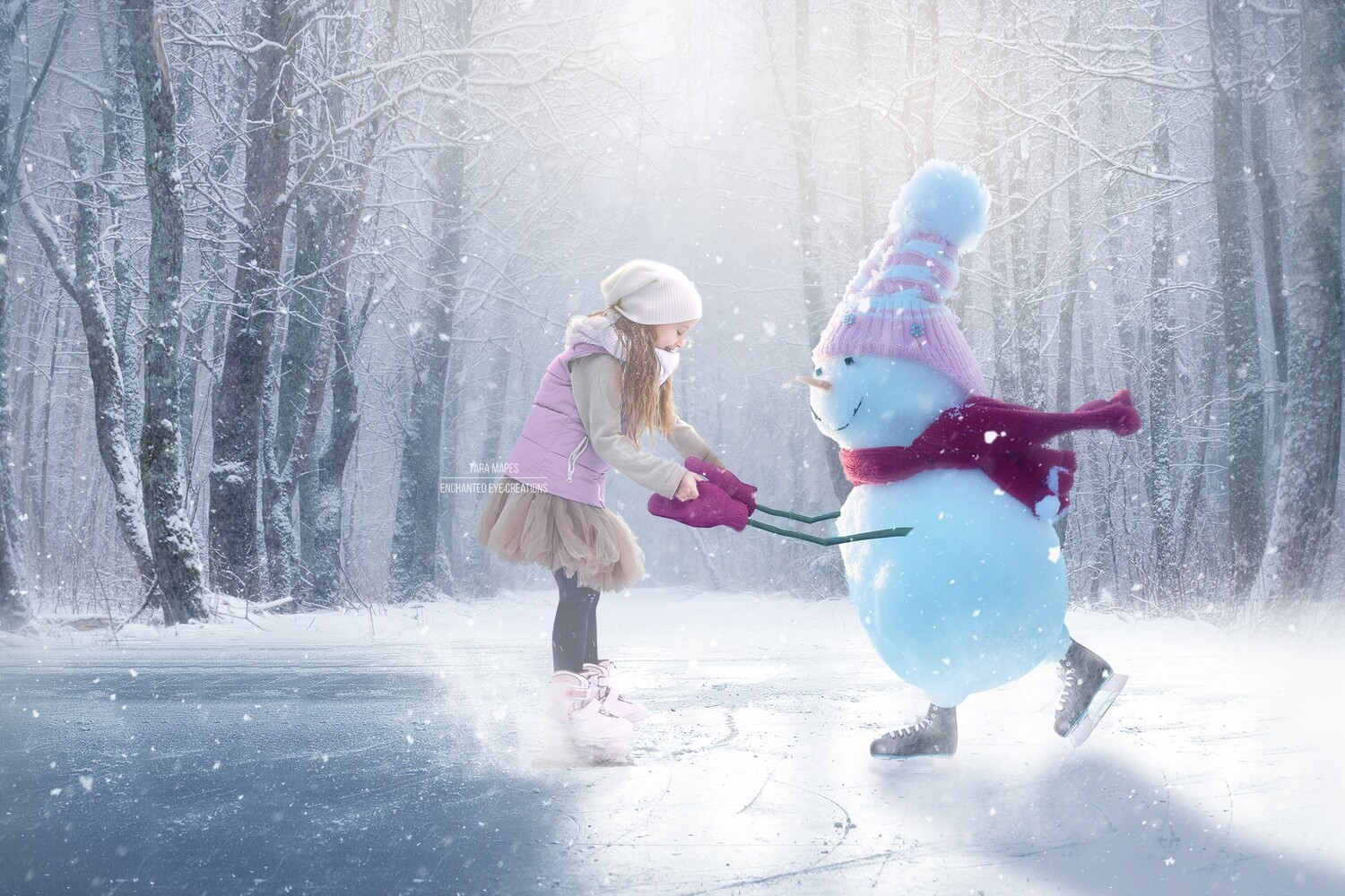 Snowgirl Iceskating -Snowman Ice Skating -Winter Snowy Scene- Separate