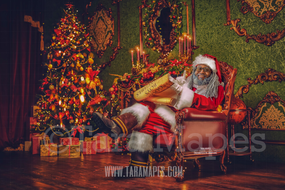 Black Santa by Fireplace Reading Good List - Santa Scroll - The Good