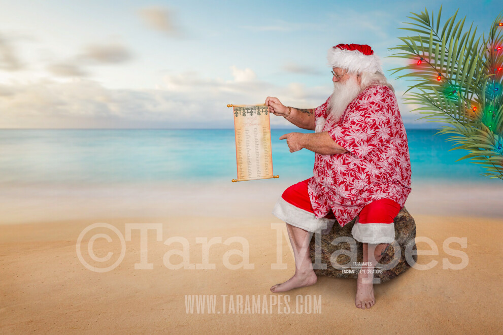 Beach Santa on Beach Rock with Scroll Beach Santa in Shorts and