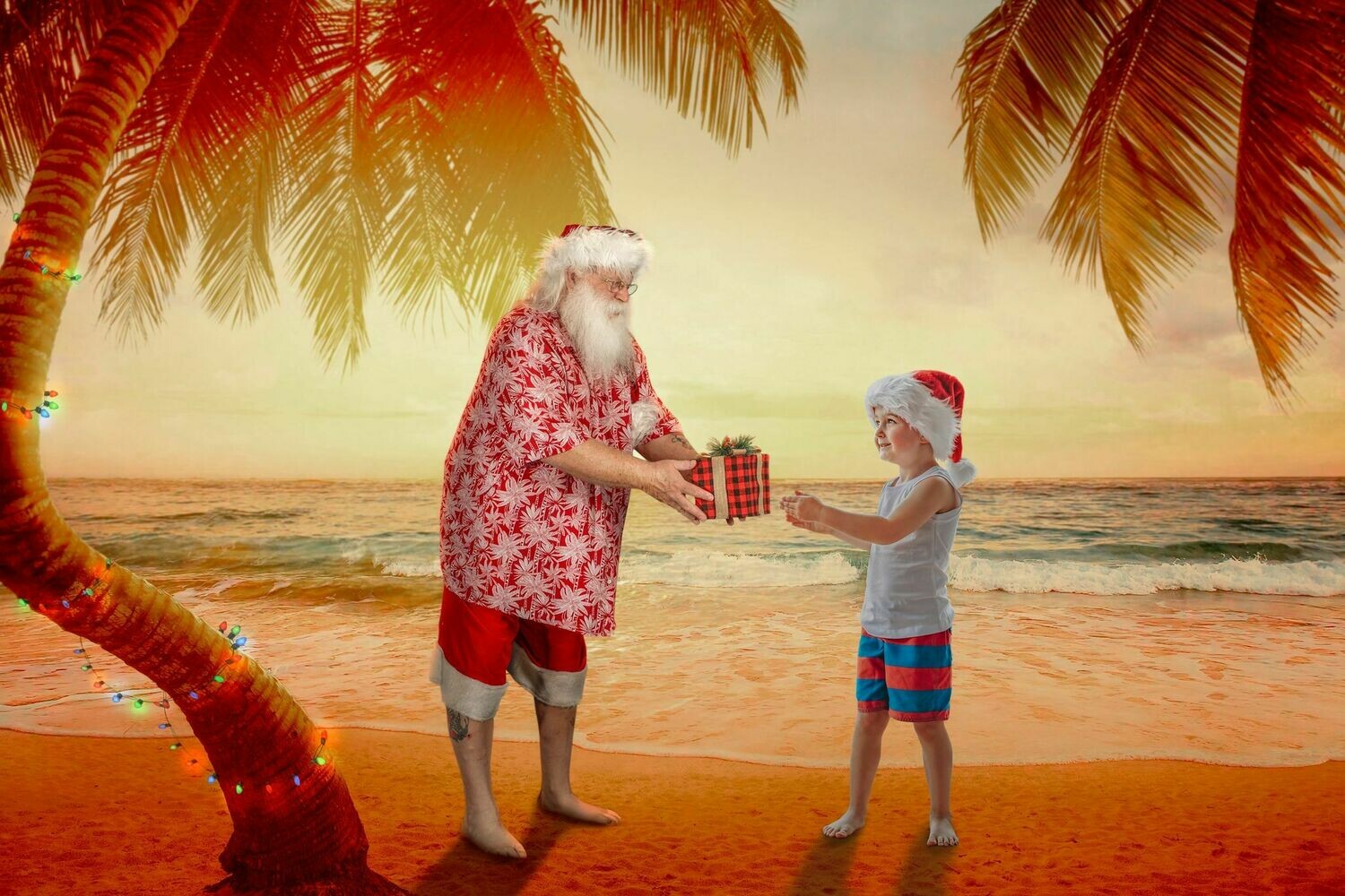 Beach Santa on Beach at Sunset Santa by Palm Tree with Lights Beach
