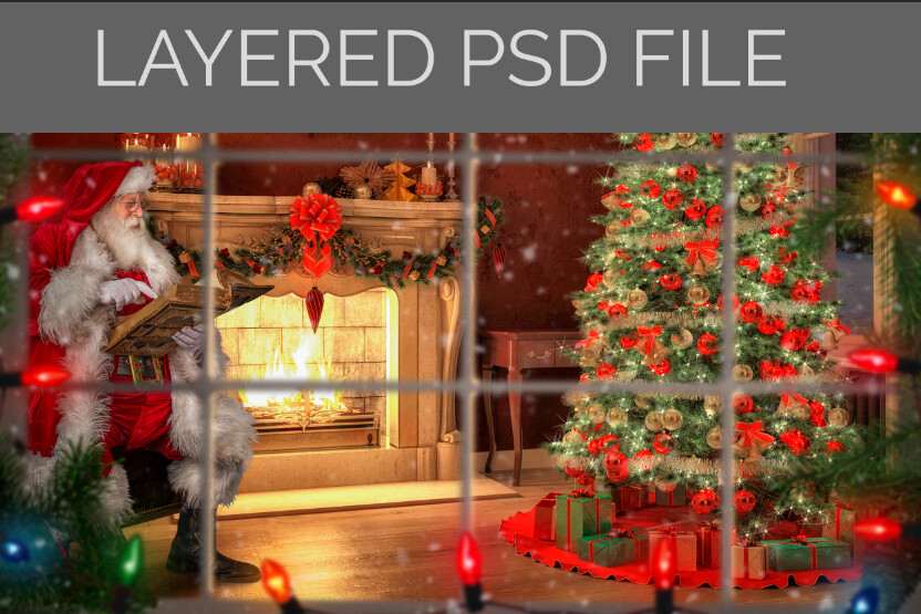 Looking Through Window Santa Reading Book at Fireplace - LAYERED PSD