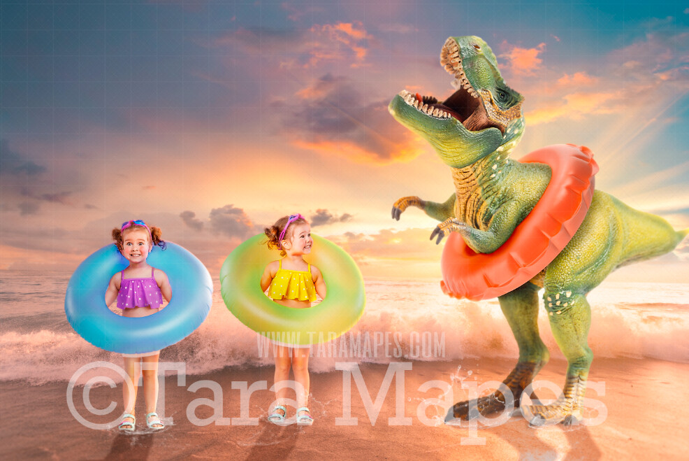 Dino Beach Dinosaur on Beach TRex on Beach with Swim Ring Funny