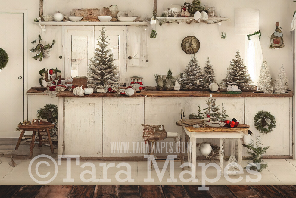 Christmas Kitchen Digital Backdrop - Rustic Farmhouse Kitchen