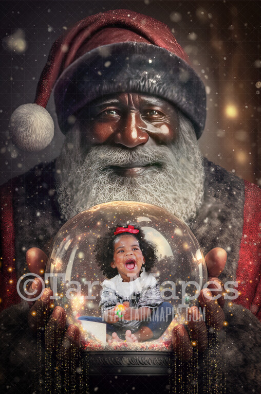 Black Santa Holding Snow Globe - LAYERED PSD! Snowglobe Santa - Snow