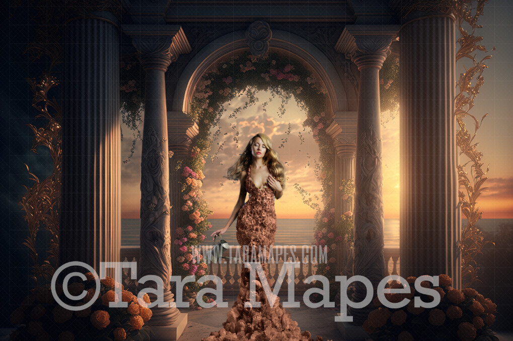 Beach Gazebo Digital Background - Beach Gazebo with Flowers Overlooking