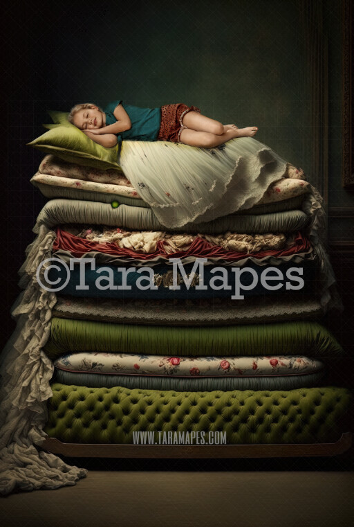 Princess and the Pea Digital Backdrop Stack of Mattresses Fairytale