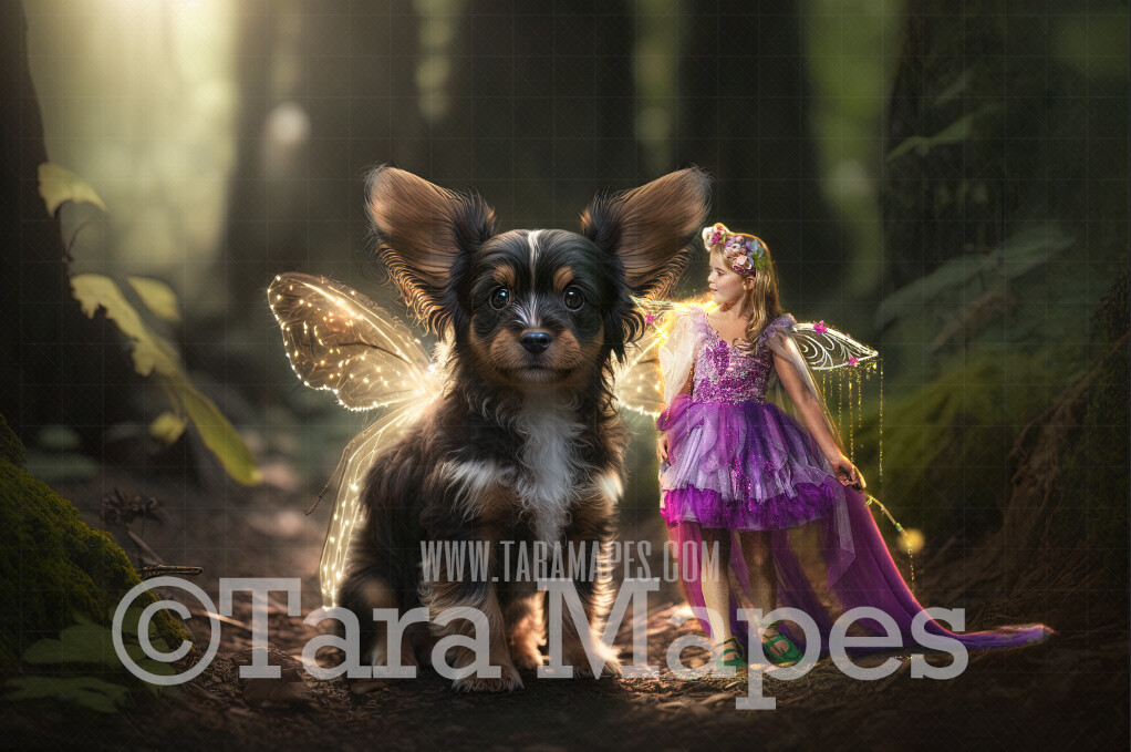 Fairy Puppy Digital Backdrop - Magical Fairy Dog in Forest Digital