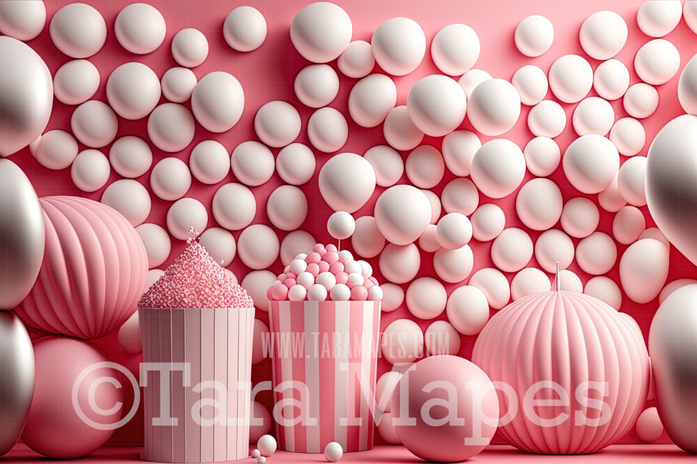 Balloon Digital Backdrop Pink and White Balloons and Candy Pink