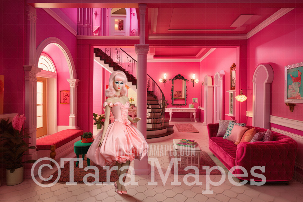 Dollhouse Livingroom Digital Backdrop Pink doll house living room