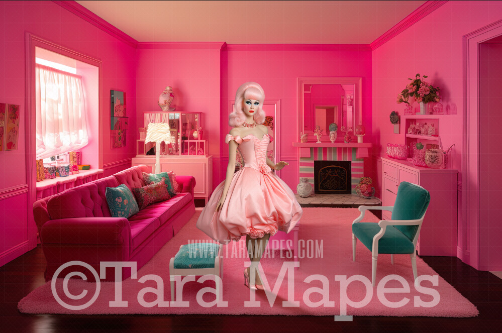 Dollhouse Livingroom Digital Backdrop Pink doll house living room
