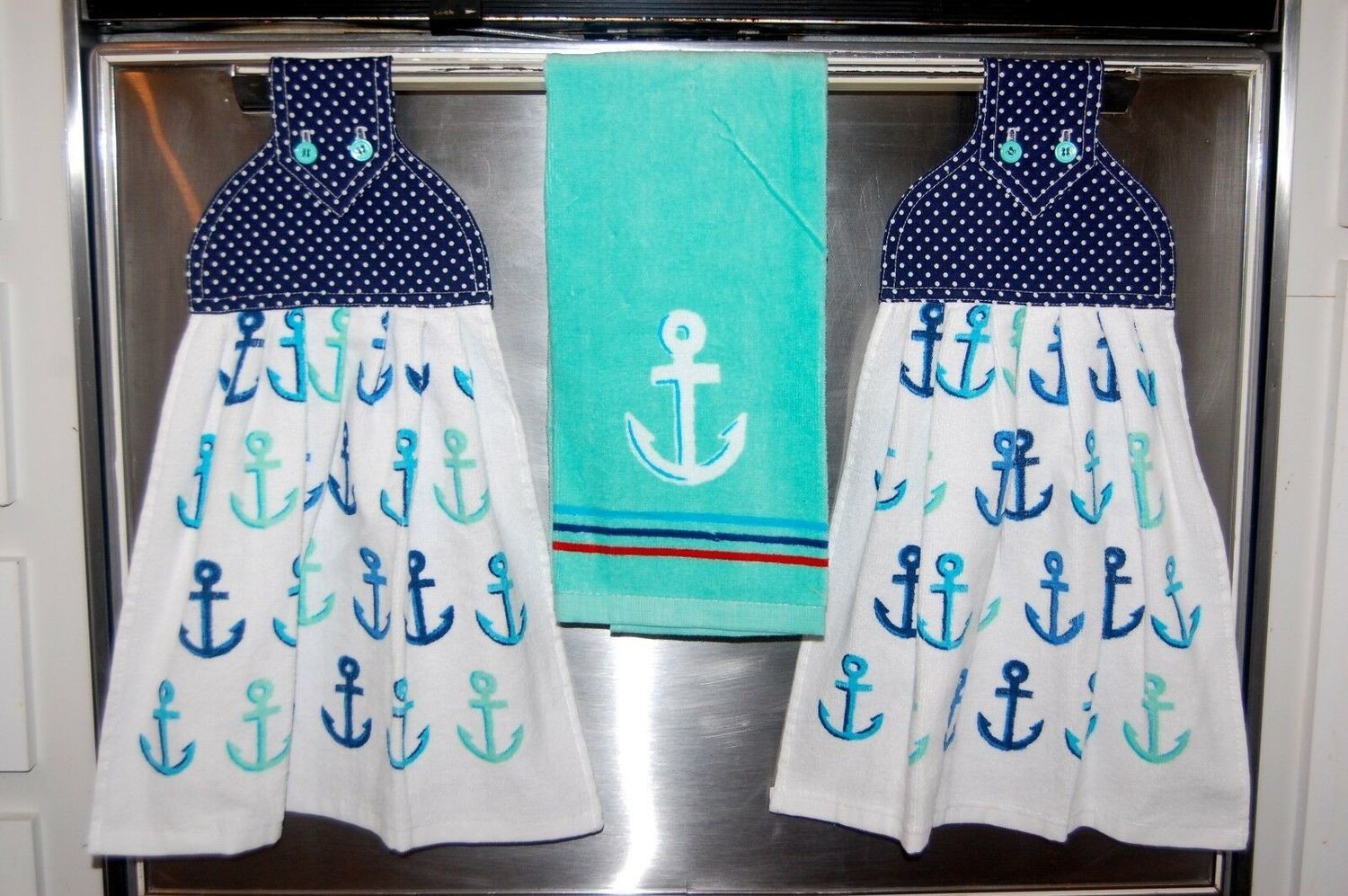 2 beautiful Marina drop anchor tie kitchen towels and one hand
