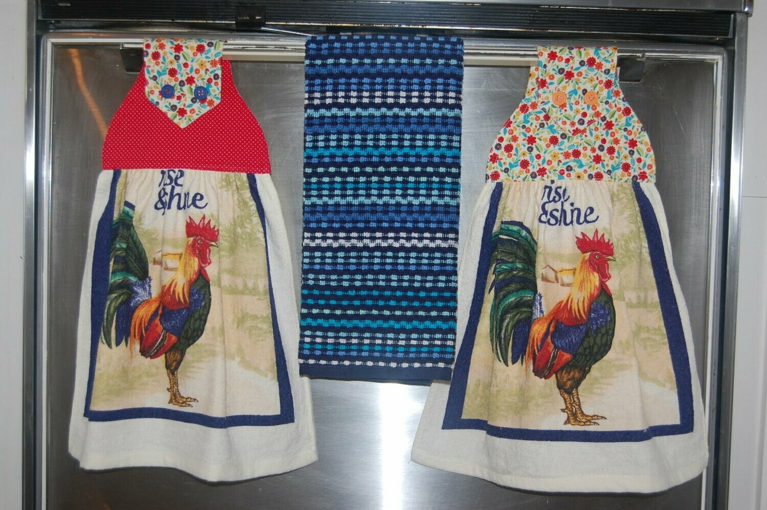 2 beautiful *rise & shine* rooster tie kitchen towels and one hand