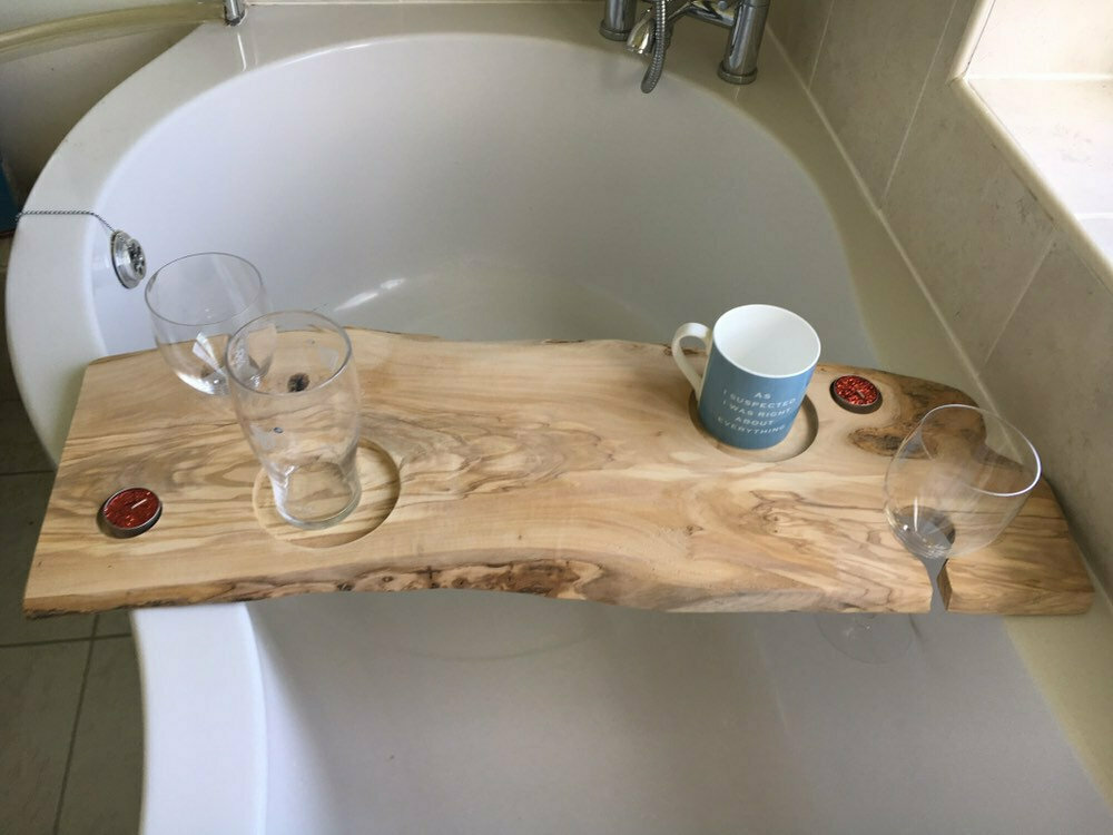 Double Live Edge Solid Olive wood Bespoke Rustic Bath Caddy Tray Tablet