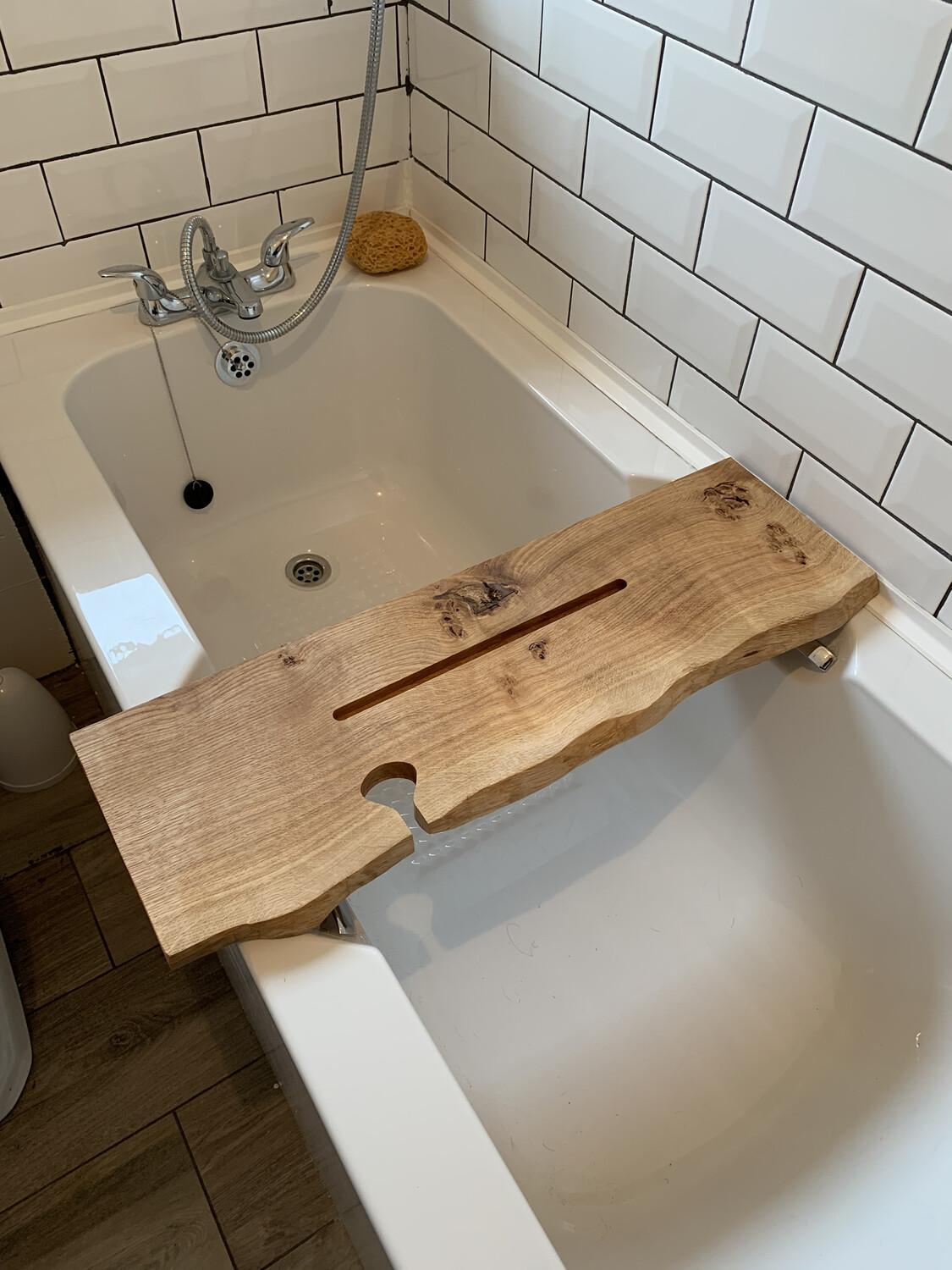 Live Edge Solid Pippy Oak wood Bespoke Rustic Bath Caddy Tray Tablet Holder