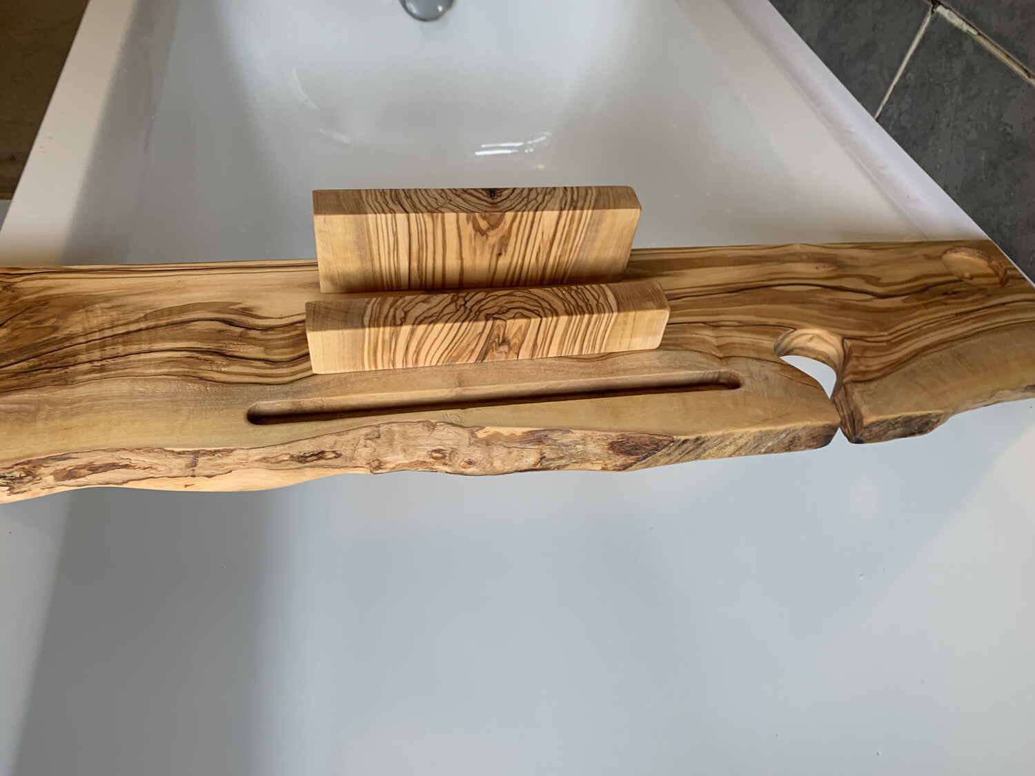 Live Edge Solid Italian Olive wood Bespoke Rustic Bath Caddy Tray