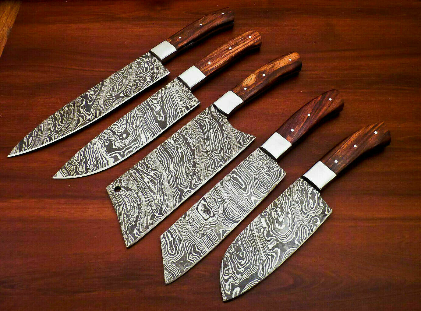 Damascus Kitchen Knife Set With Rose wood Handle and bag