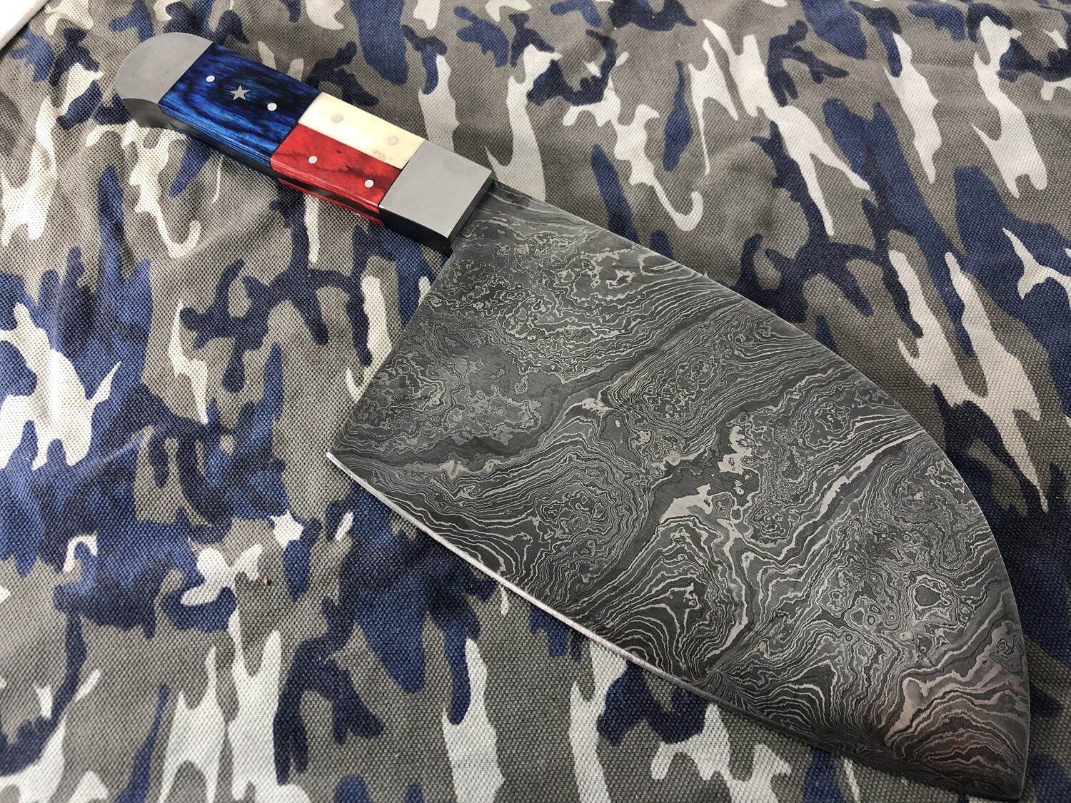 Damascus Steel Cleaver With Texas Flag Handle And Sheath