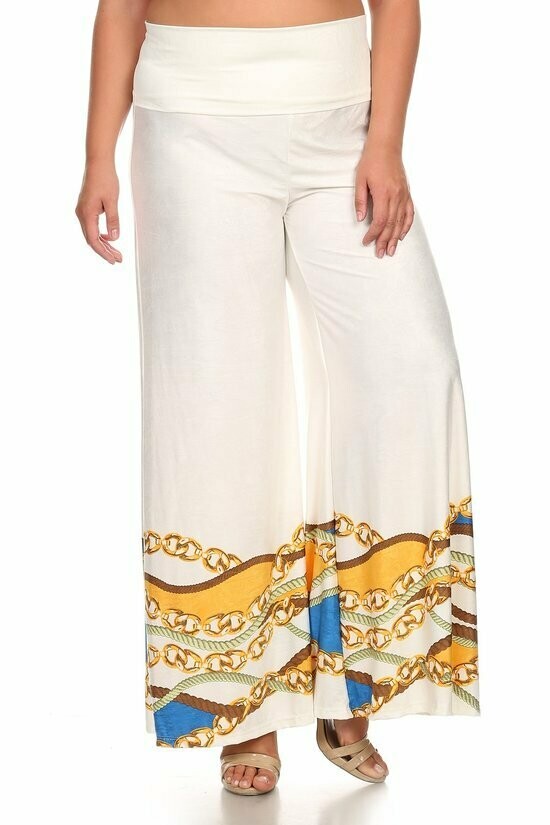 Gold chains printed palazzo style pants with fold over waistband detail