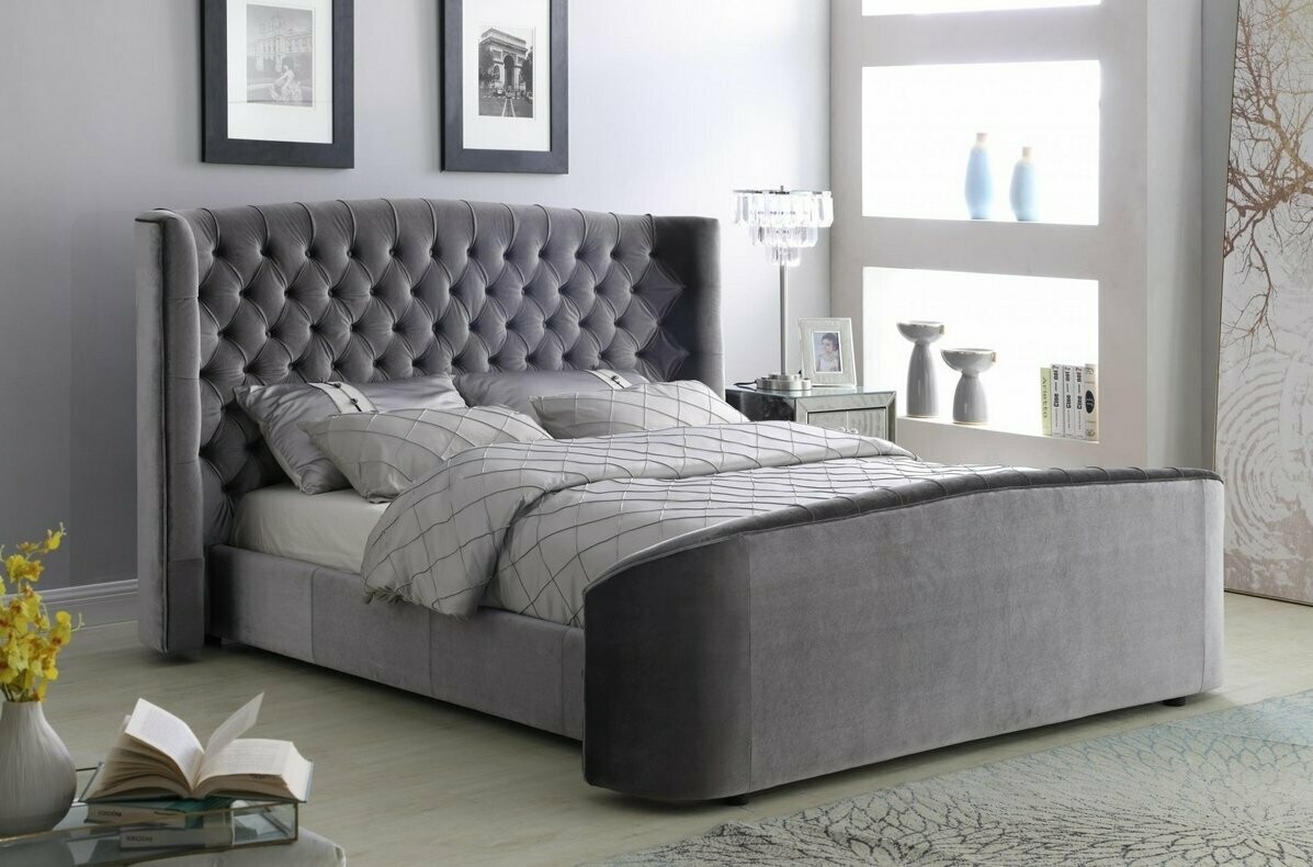 Ophelia Silver Grey Plush Velvet King Size Bed
