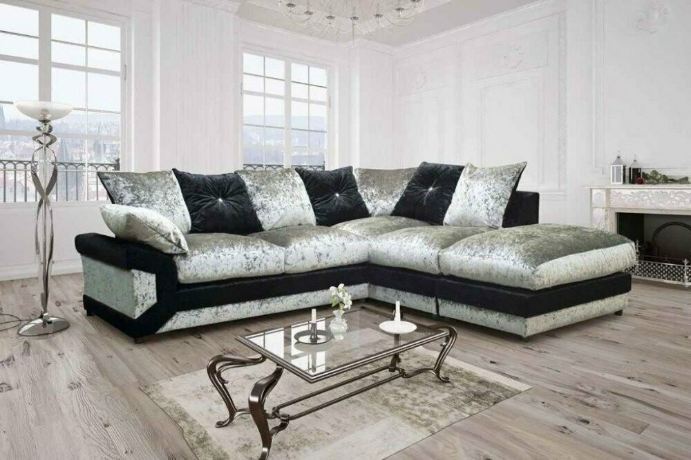 Vermont Silver & Black Crushed Velvet Corner Sofa
