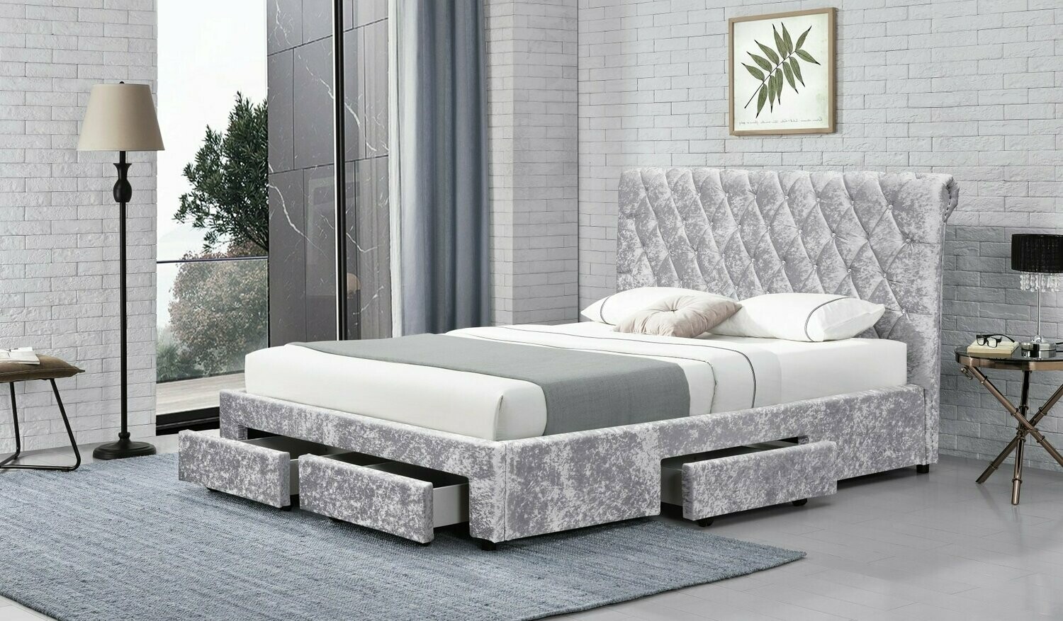 Classica Silver Crushed Velvet 4 Drawer Double Bed